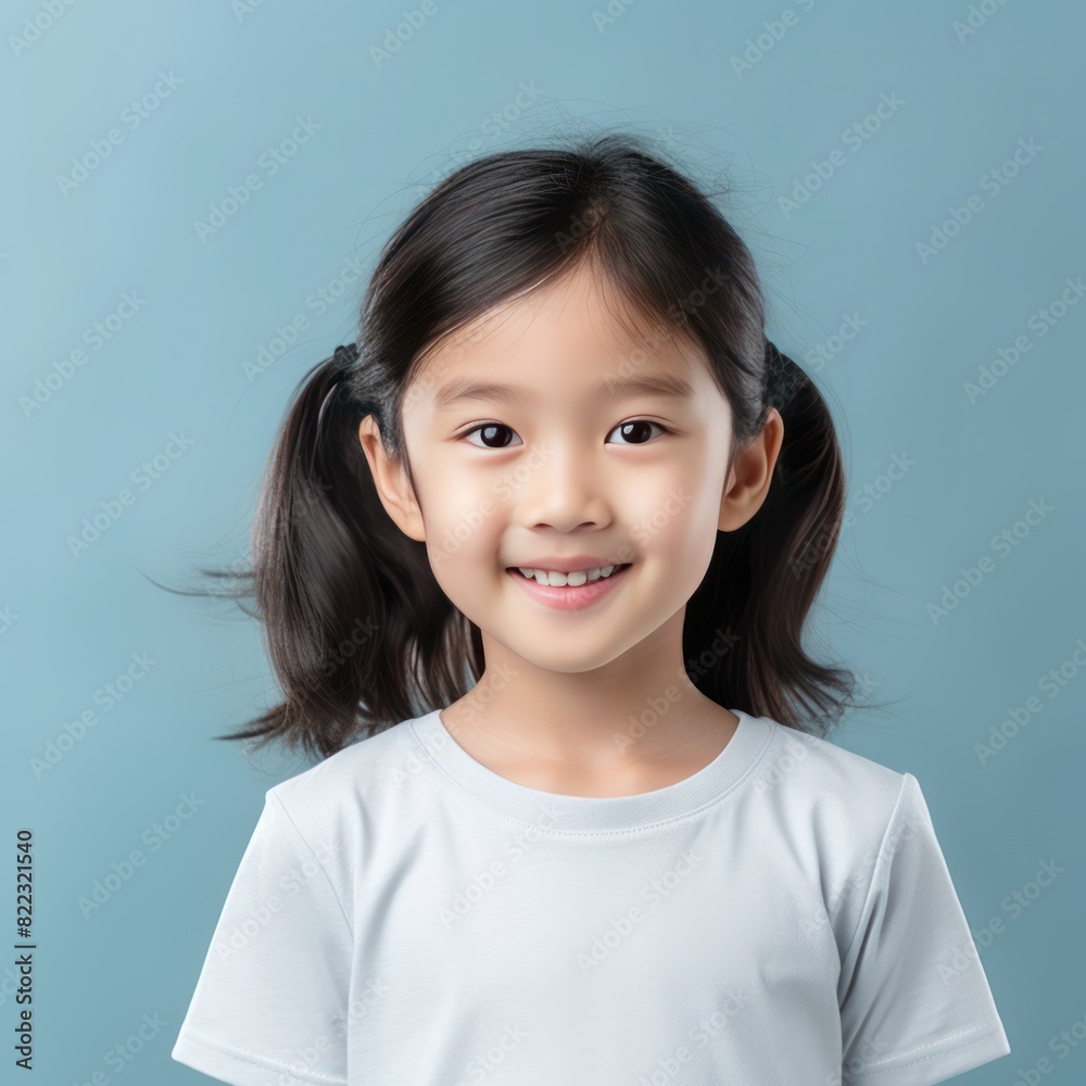 Silver background Happy Asian child Portrait of young beautiful Smiling child good mood Isolated on backdrop ethnic diversity equality acceptance 
