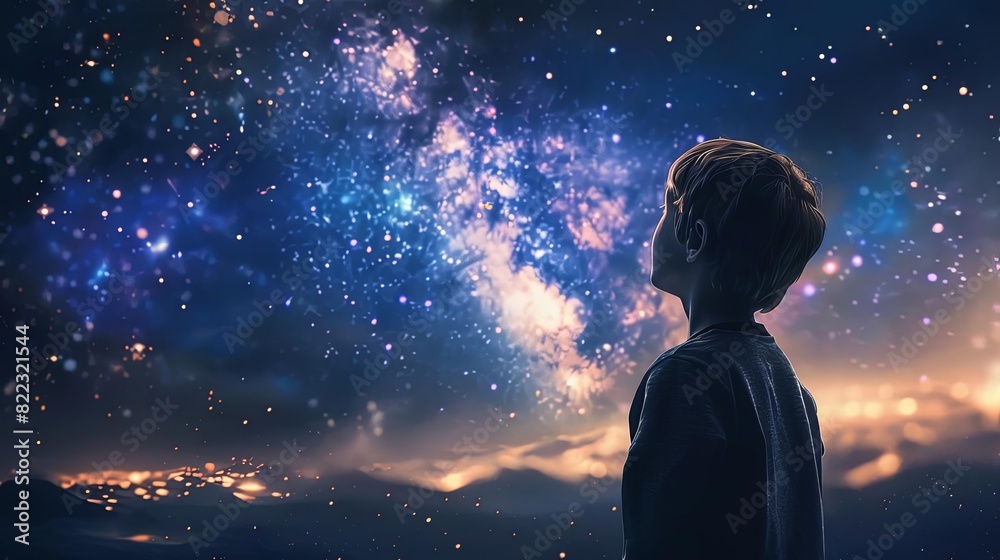 Fototapeta premium awestruck child gazing at glittering galaxy in starry night sky concept art