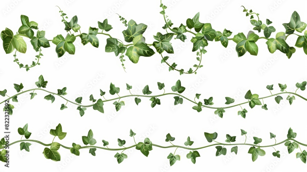 Ivy vines with green leaves. Horizontal borders of creepers with foliage. Modern realistic set of greenery twigs, climbing plants isolated on white. Ivy vines with green leaves. Horizontal borders of creepers with foliage. Modern realistic set of greenery twigs, climbing plants isolated on white.