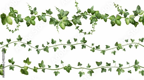 Ivy vines with green leaves. Horizontal borders of creepers with foliage. Modern realistic set of greenery twigs  climbing plants isolated on white.