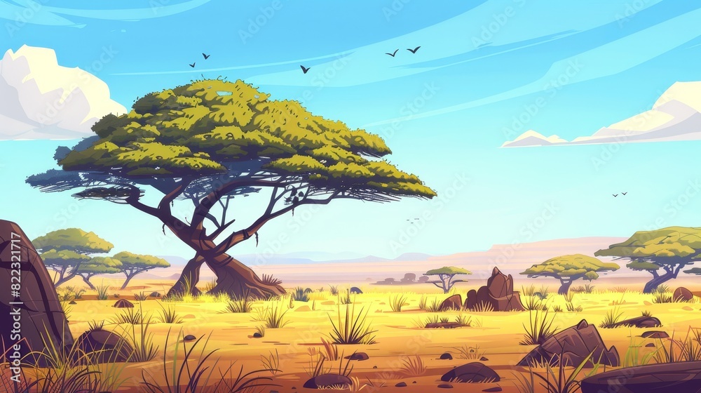 Wild nature of Africa, African savannah landscape with green tree, rocks and plain grassland field under blue clear sky. Kenya panoramic view, 3D scene, Modern illustration.