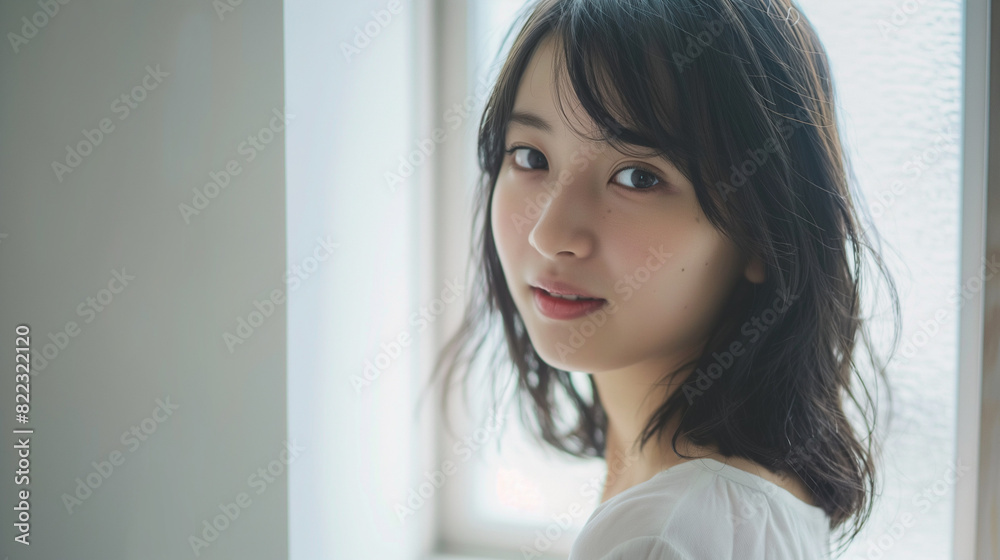 若者の清潔感と自然光の中で輝く笑顔、窓際で撮影された美しい清楚なポートレート 若者の清潔感と自然光の中で輝く笑顔、窓際で撮影された美しい清楚なポートレート
