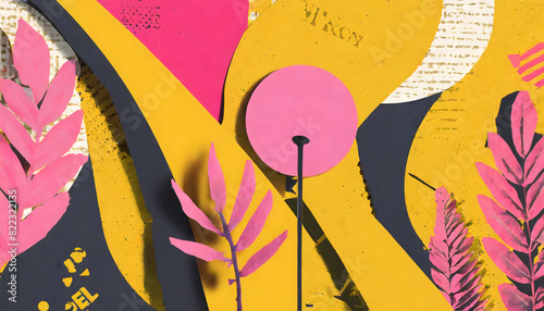 papier, collage, Blume, gelb-pink, neu, modern, popart, kunst, geometrisch, formen, gerissen, blätter, hintergrund, copy space, textur, muster, gelb, orange, pink, flächen, geklebt, keblebtes, basteln photo