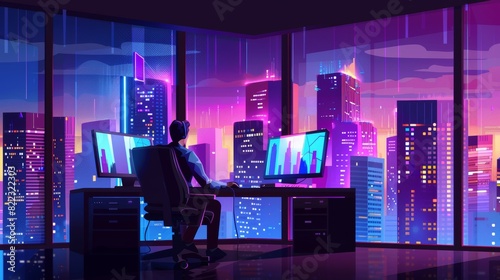 The first image shows a man working on a computer in an office with the future city landscape behind a window. Modern cartoon illustration of a futuristic cityscape at night showing neon buildings photo