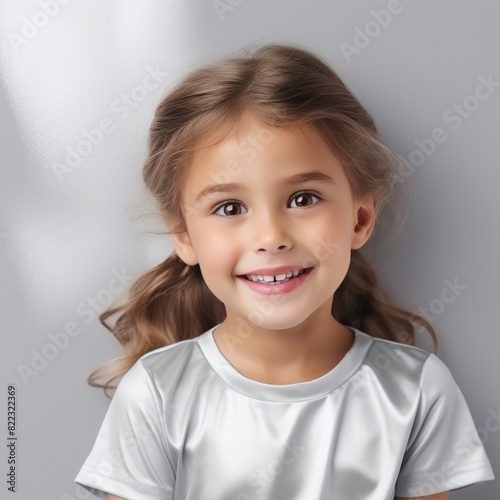 Silver background Happy european white child realistic person portrait of young beautiful Smiling child Isolated on Background Banner with copyspace blank 