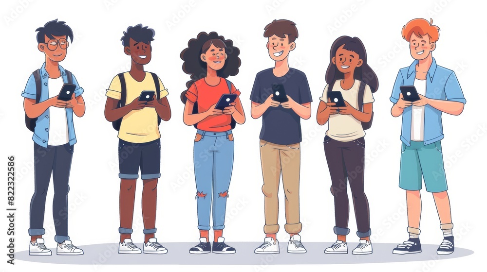 Diverse business people of different skin color and gender stand in row with gadgets. Young businesspeople modern illustration with a multicultural point of view. Diverse business people of different skin color and gender stand in row with gadgets. Young businesspeople modern illustration with a multicultural point of view.
