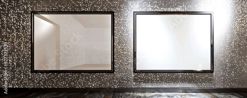 Two empty white frames with dark borders, spotlighted in a sleek architectural design studio against a wall with a sequined texture. 