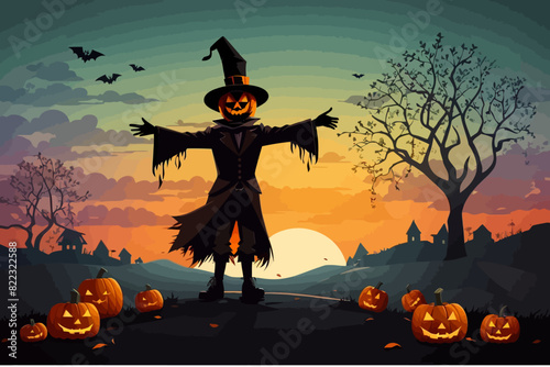 art style cartoon of a scarecrow halloween illustration