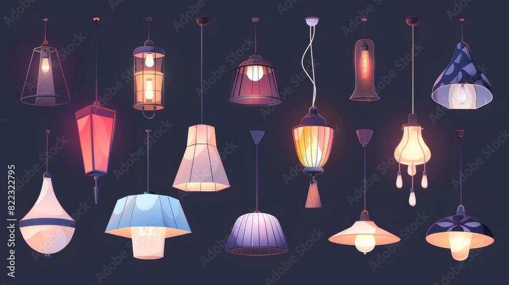 Ceiling lamps and light bulbs with different shades. Modern cartoon set of lighting for home and office interiors, chandeliers and pendant lanterns with lampshades.