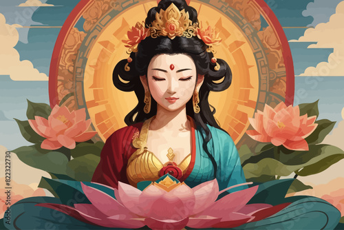 Guanyin is a Bodhisattva illustration  tibetan background