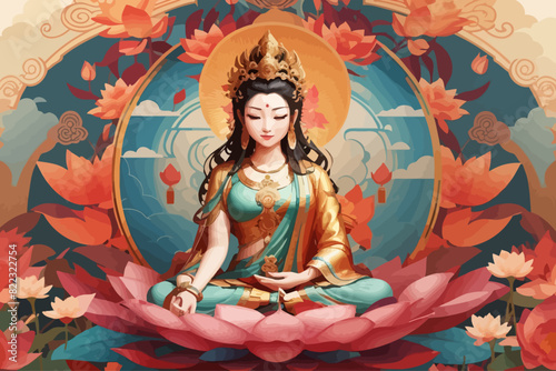 Guanyin is a Bodhisattva illustration  tibetan background
