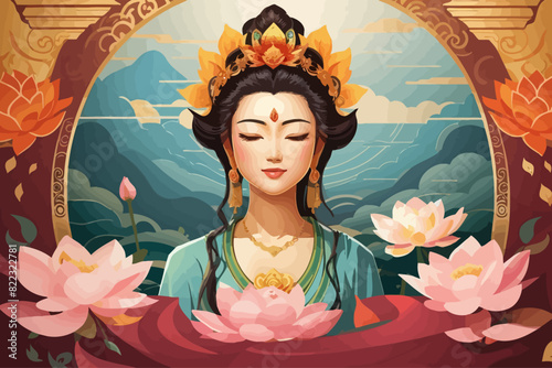 Guanyin is a Bodhisattva illustration  tibetan background