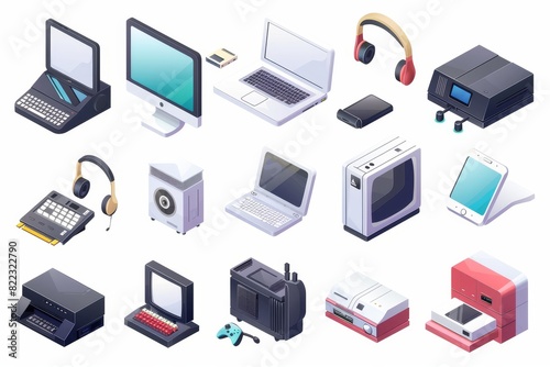 An icon set representing computer devices. This set includes a computer, laptop, smartphone, headphones, printer, game console, floppy disk, and video card in 3D.