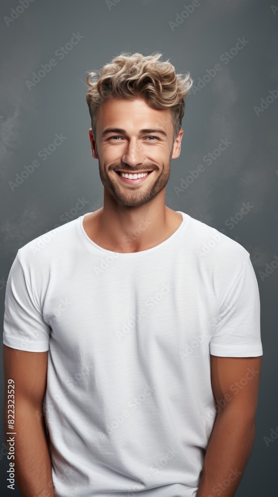 Silver background Happy european white man realistic person portrait of young beautiful Smiling man good mood Isolated on Background Banner 
