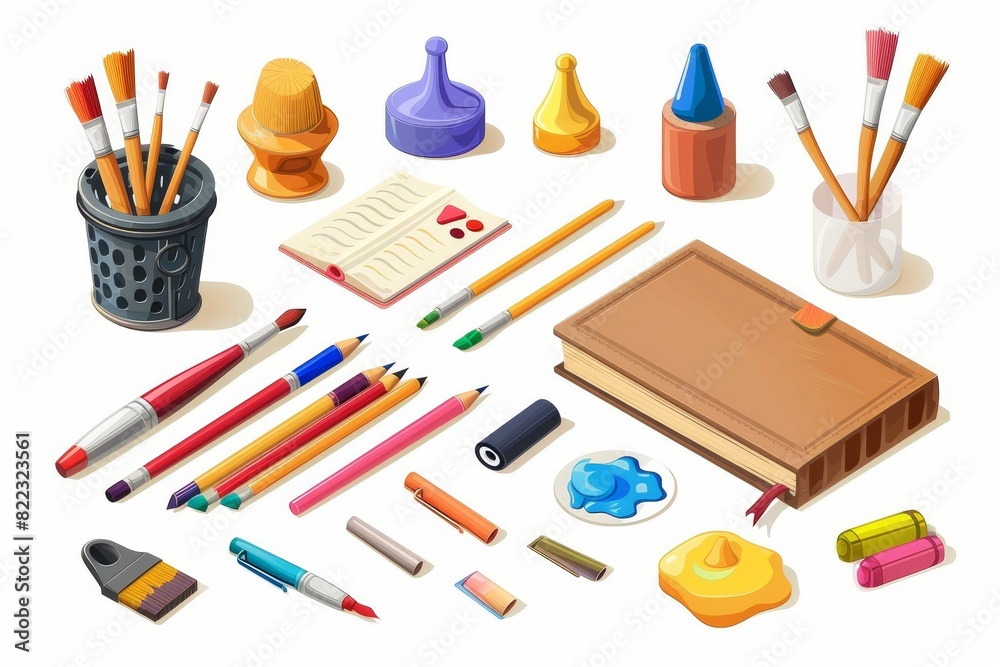 Brushes and paint, pencil, fountain pen, book and pencil 3D modern icons Brushes and paint, pencil, fountain pen, book and pencil 3D modern icons