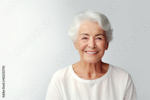 Silver background Happy european white Woman grandmother realistic person portrait of young beautiful Smiling Woman Isolated on Background Banner 