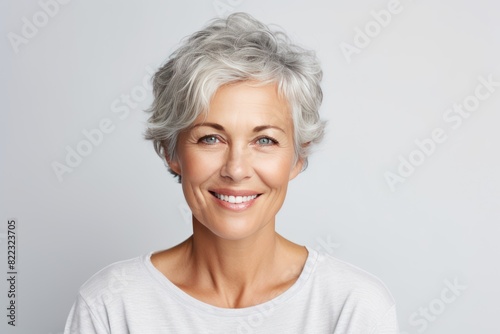 Silver background Happy european white Woman grandmother realistic person portrait of young beautiful Smiling Woman Isolated on Background Banner 