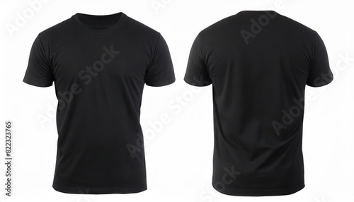 Black t shirt front and back view, isolated on white background