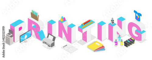 3D Isometric Flat  Illustration of Printing, Printing House Production Process