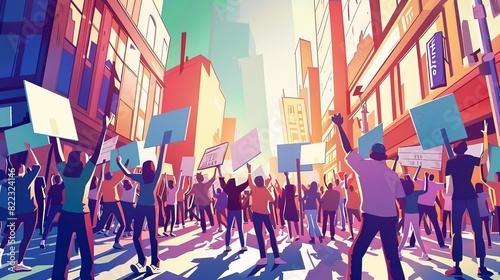 Concept of protest, rally, people, activists holding signs, crowd picketing on riot, line art flat modern illustration of protesters.
