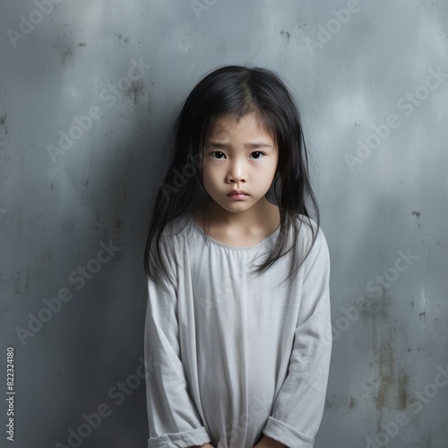 Silver background sad Asian child Portrait of young beautiful in a bad mood child Isolated on Background, depression anxiety 