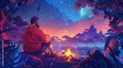 In uninhabited rainforest at night, a lonely man with beard survives in uninhabited jungle, modern cartoon illustration. photo