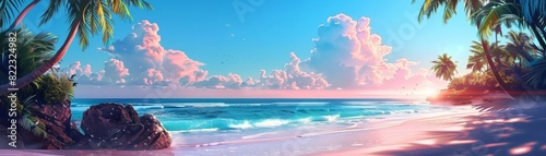 Tropical beach sunset with crystal clear waters, lush palm trees, colorful sky, and tranquil waves creating a serene vacation paradise.