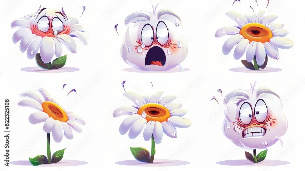 Cartoon modern set of Daisy chamomile face emotions. Happy, sad, distrusting and happy flower man.