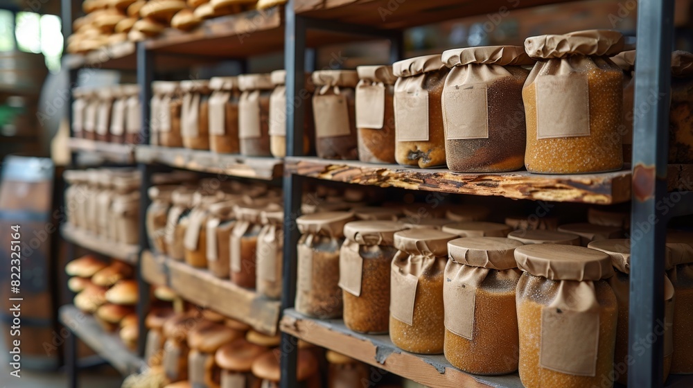organic coffee products, neatly arranged mushroom coffee packets on a shelf, waiting to be brewed into a flavorful and nourishing drink