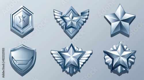 Illustration of silver metal pentagonal insignia medals with stars  chevrons  wings. Gui progress symbol. Award for achievement.