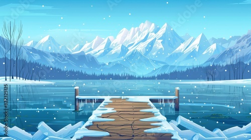 Winter lake with ice, wood pier and mountains in the distance. Landscape with frozen river water, snow on wooden embankment, and white rocks in the distance. Modern cartoon illustration. photo
