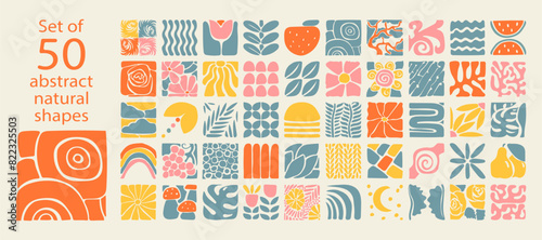 Set of 50 bauhaus natural geometric shapes, pattern in tiles, decorative abstract art, banner, wallpaper