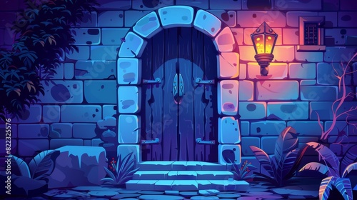 A cartoon background of a castle's dungeon bricks, a scene of an inner corridor of an ancient fantasy palace, and a passageway to knock at in the light of a torch, depicting a scene in an indoor photo