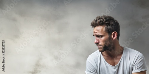 Silver background sad european white man realistic person portrait of young beautiful bad mood expression man Isolated on Background depression anxiety fear  photo