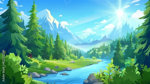 Forest rivers flowing through mountains. Modern cartoon illustration showing green summer landscapes with trees  blue skies with sun beam  stream in valley  beautiful nature.