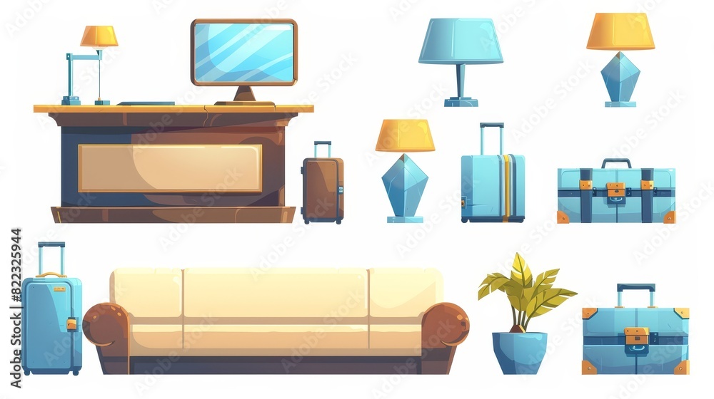 Hotel lobby design elements isolated on white background. Modern illustration of reception desk with monitor, lamps, sofa, table with vase, flower pot, and luggage. Hotel lobby design elements isolated on white background. Modern illustration of reception desk with monitor, lamps, sofa, table with vase, flower pot, and luggage.