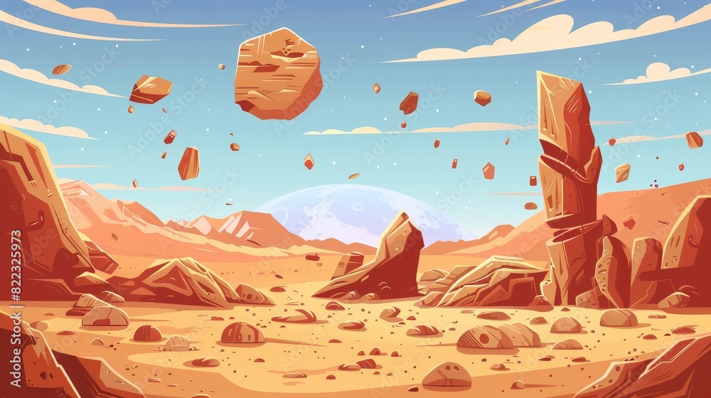 Illustration of Mars desert landscape with floating rocks. Cartoon background of boulder terrain with rocky arches. Monument construction in drought-sand environment.