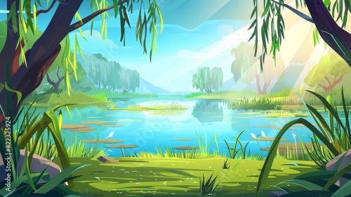 A reed cartoon modern scene in a forest. A lake with a marsh plant on the shore in a landscape illustration. An outdoor park environment with tree stems and light rays of sunlight. photo