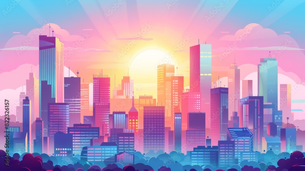 Cityscape background with apartment and office skyscrapers. Beautiful sunrise behind modern city buildings. Modern cartoon illustration.