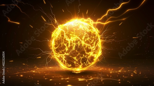 3D realistic plasma sphere explosion. Neon isolated thunderstorm crack discharge and yellow glow. Thunderstorm lightning energy light modern illustration.