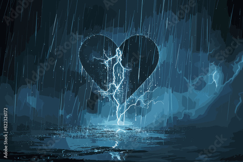 Rainy Day with Lightning Breaking Through Heart Symbolizing Family Problems and Negative Emotions photo