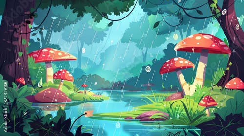 Nature illustration of falling raindrops in river water. Rain in forest with lake background. Spring weather for outdoor adventure environment design. Woods park with mushrooms.