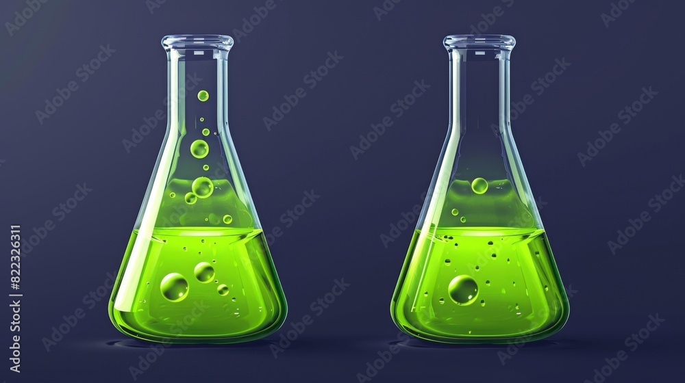 An isolated modern 3D illustration of a chemical lab beaker flask for testing. It is a background modern of a green liquid chemist icon. A realistic cylinder glassware with design for fluid reactions An isolated modern 3D illustration of a chemical lab beaker flask for testing. It is a background modern of a green liquid chemist icon. A realistic cylinder glassware with design for fluid reactions