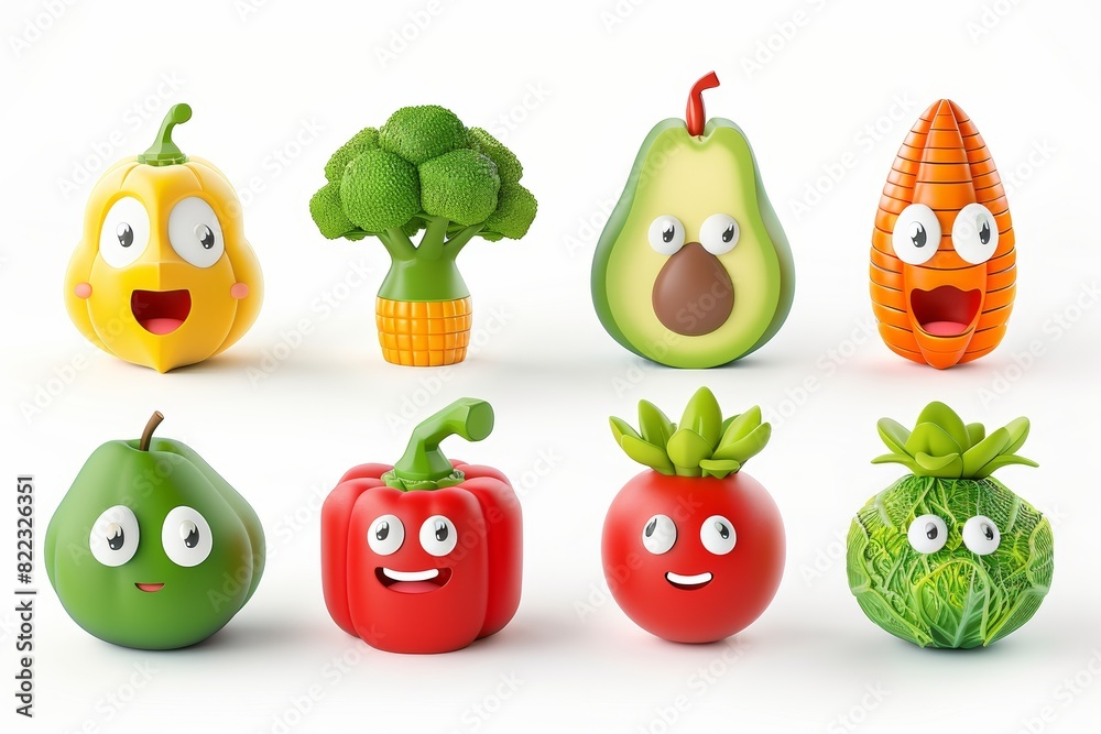 A set of 3d modern cartoon icons of vegetables and fruits, including peppers, corn, avocado, eggplant, broccoli, carrots, lettuce, and tomatoes.