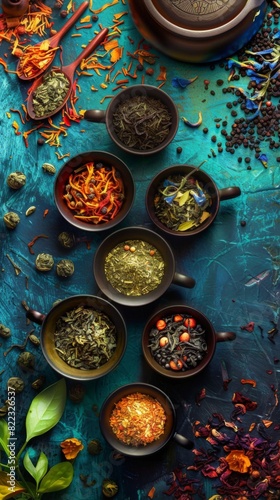 Several bowls of different types of herbs and spices on a table. Vertical background 