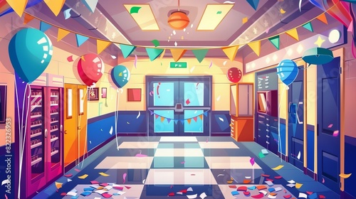 Decorative prom night hallway. Cartoon corridor with party flags  balloons  and confetti for graduation celebration. Entryway to class  lockers  and vending machine.