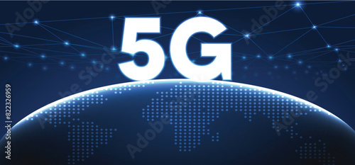 5G technology, telecommunication industry, telecom network glowing 5G text on glowing earth technology vector poster