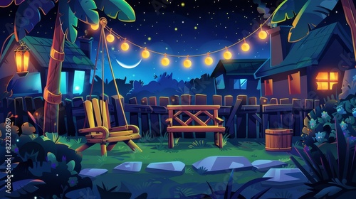 Backyard garden at night with furniture and fence. Modern illustration showing a suburban town street with houses  swing decorated with garland lights  wooden armchair and table under a dark starry
