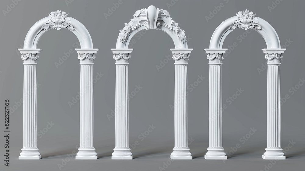 A roman arch made of white clay decorated with ornate detailing in 3D. Realistic modern illustration of a stone pillar of a temple building door or window decor. A roman arch made of white clay decorated with ornate detailing in 3D. Realistic modern illustration of a stone pillar of a temple building door or window decor.