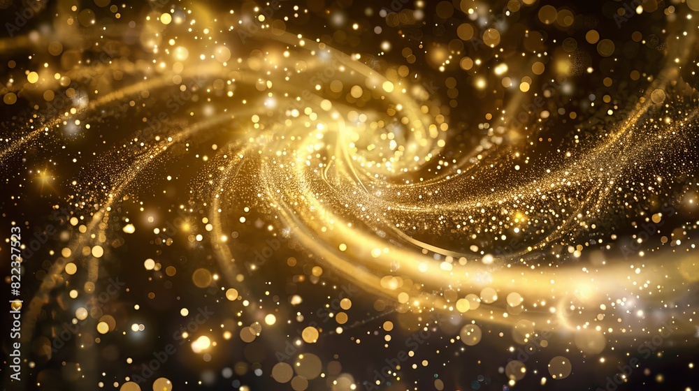 Flowing gold star trail with glitter light dust. Glow wave with sparkle particles and twinkle on black background. Flowing gold shimmer curve. Shiny glamour Christmas swirl motion. Flowing gold star trail with glitter light dust. Glow wave with sparkle particles and twinkle on black background. Flowing gold shimmer curve. Shiny glamour Christmas swirl motion.